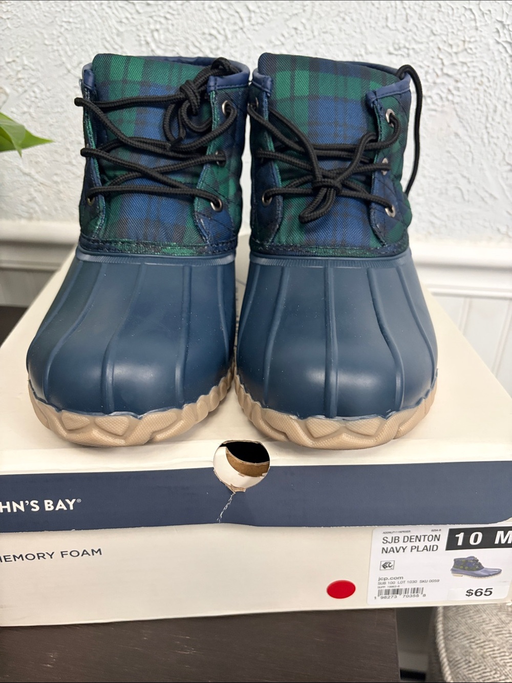 St. John's Bay Navy and Green Plaid Waterproof Duck Boots